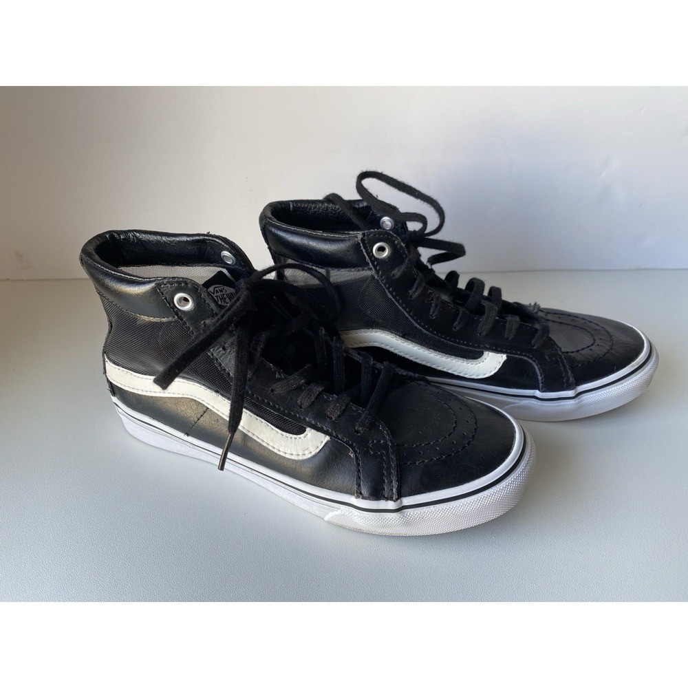 Vans Sk8-Hi Slim Black Leather & Mesh High-Top Sneakers‎ Women's 6 Men's 4.5